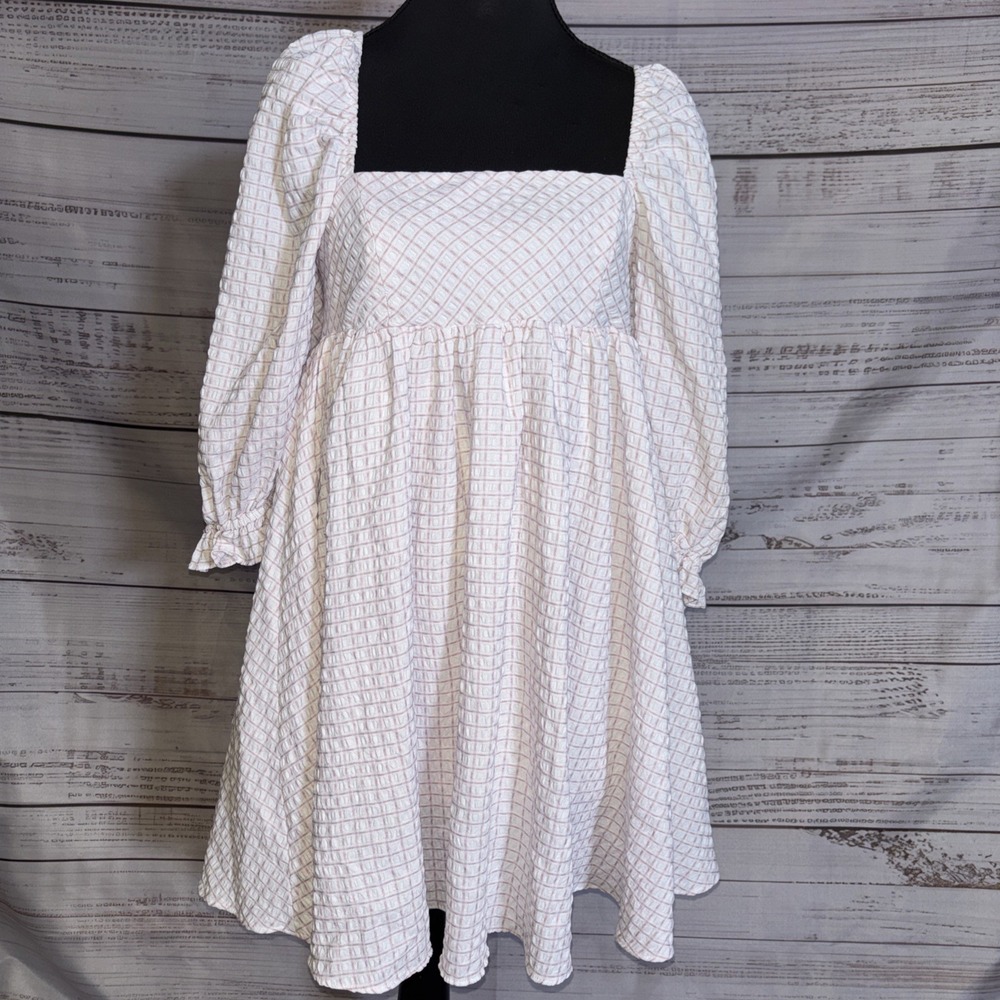 Storia White Checkered Puff Sleeve Dress WOMENS SMALL Lined  Boho Romantic
